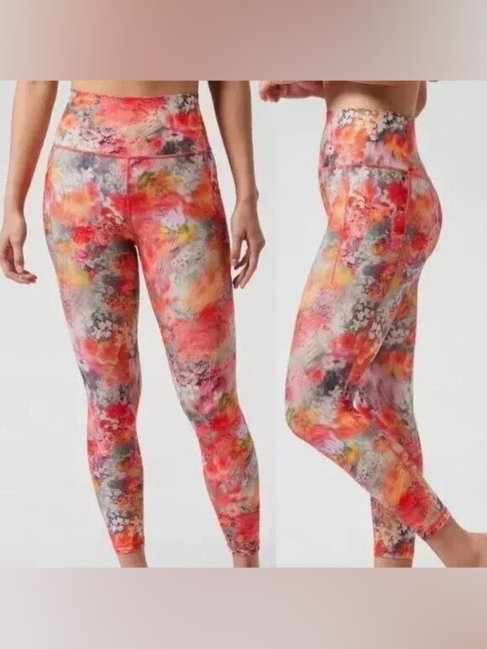 Athleta Salutation Stash 7/8 Leggings in Coral Floral size M